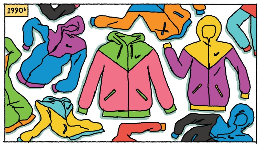 1990: Nike cumple con la permanente demanda de Windrunners mediante el diseño de combinaciones de color de la chaqueta en una nueva gama, cada vez más audaces de matices.